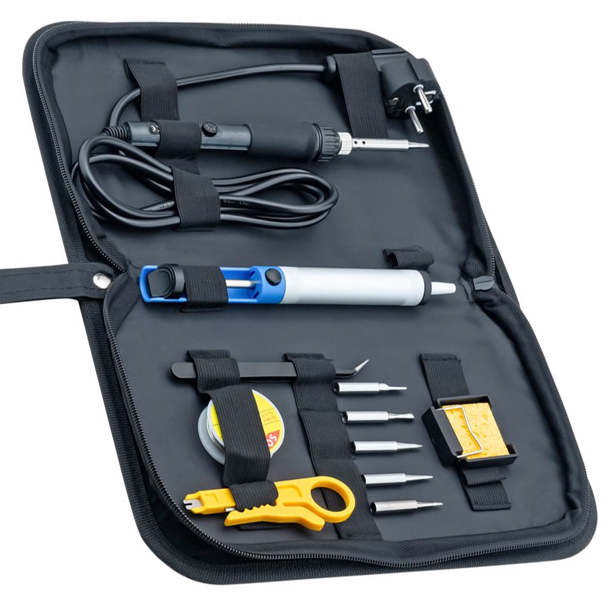 Kit de soudure 12 pièces comprenant un fer à souder, 5 pannes interchangeables, un support pour fer à souder, une pompe à dessouder, une pince à
