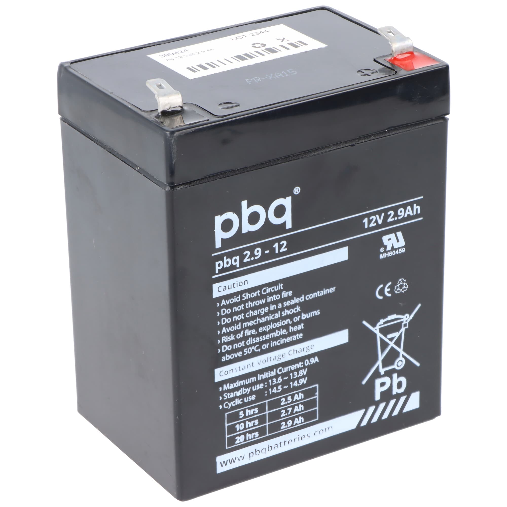 Batterie au plomb PBQ 2,9-12, 12 volts 2,9 Ah, avec contacts à fiche Faston 4,8 mm
