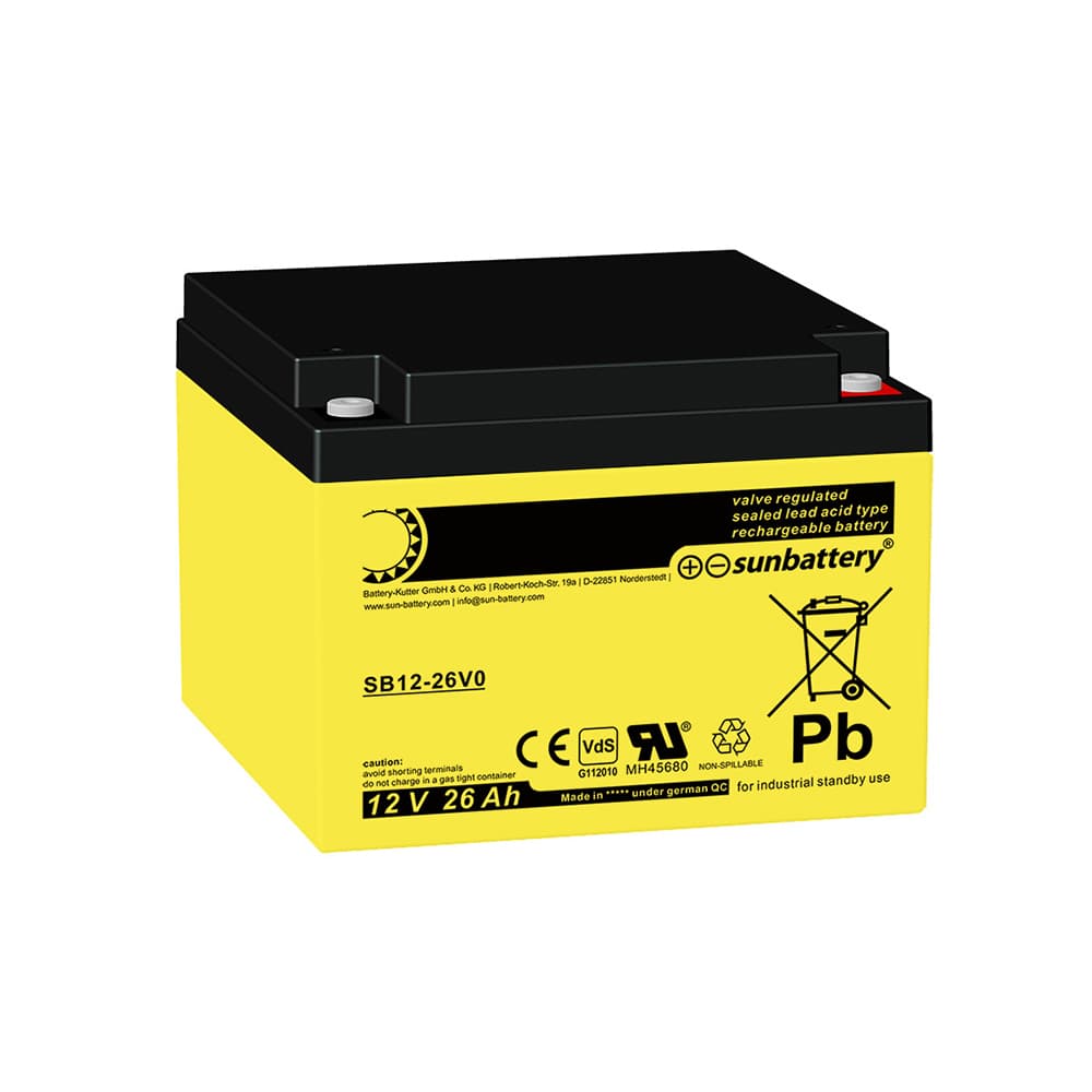 Sun Battery SB12-26V0 12 Volt 26 Ah LxlxH 167 x 175 x 125 mm Filetage intérieur M5 Certificat VdS G112010, boîtier ignifuge