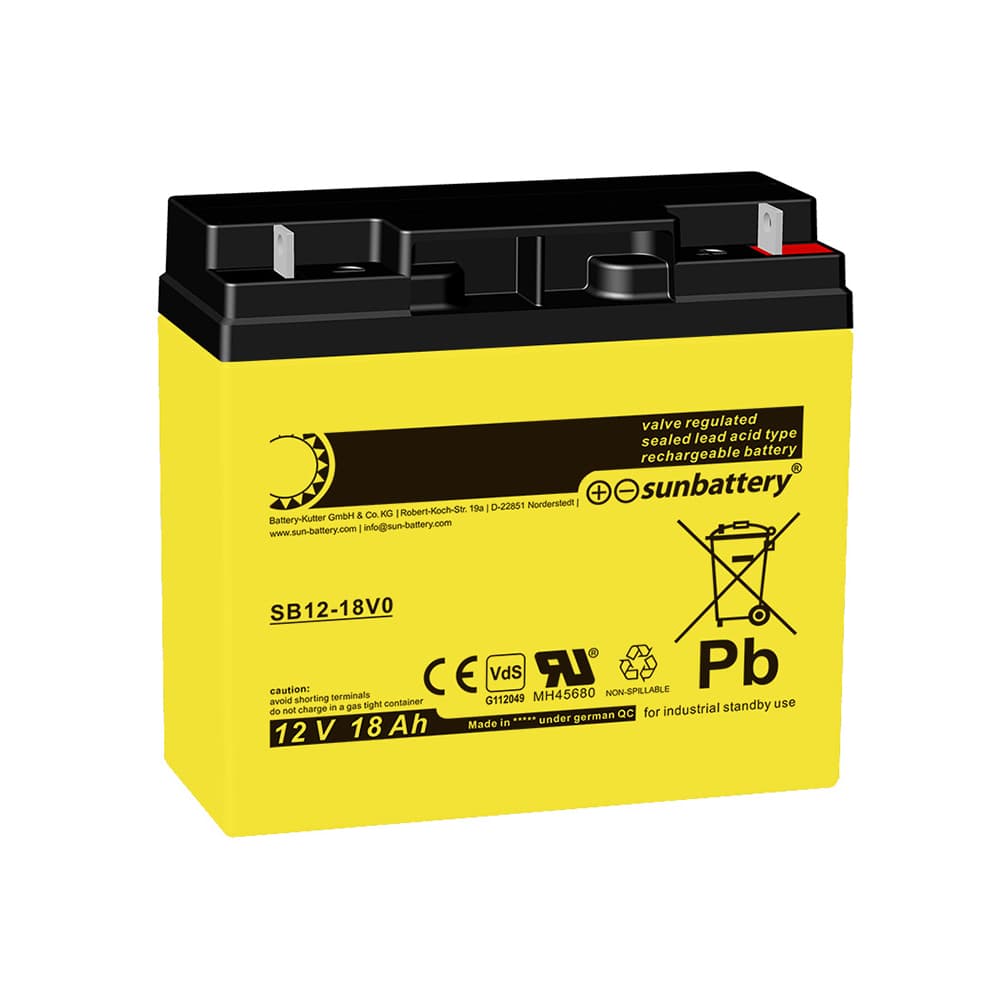 Sun Battery SB12-18V0 12 Volt 18 Ah LxLxH 182 x 77 x 168 mm, connexion à pôle plat avec trou de 6 mm, certificat VdS G112049, boîtier ignifuge